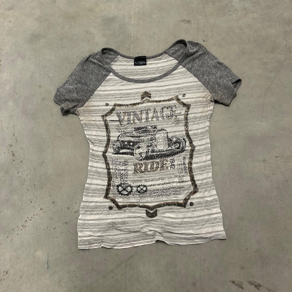 Y2K‎ Daytrip Grey and White Striped Emo Grunge Shirt